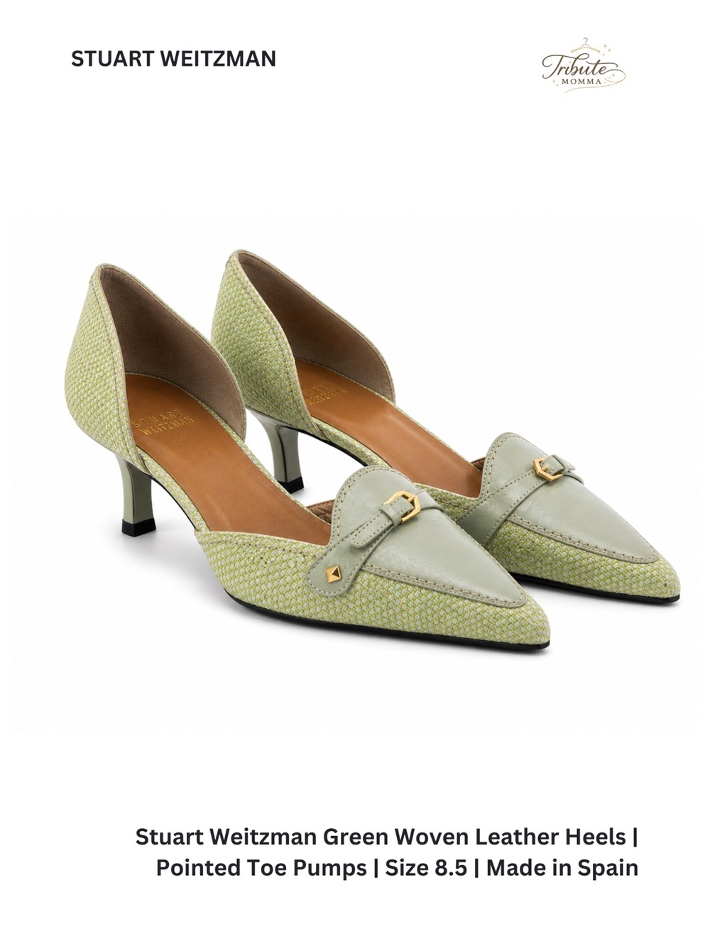 Stuart Weitzman Green Woven Leather Heels | Pointed Toe Pumps | Size 8.5
